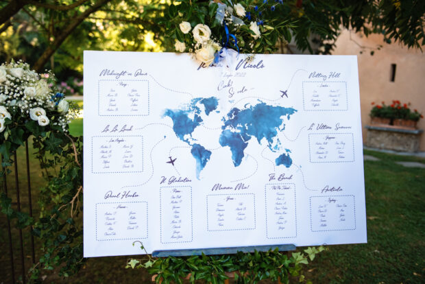 Tableau de mariage con la disposizione dei tavoli al Castelletto di Corbetta.