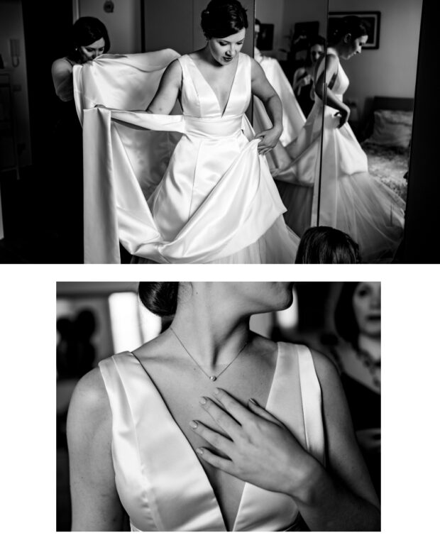 Preparazione sposa di Carolina che entra nell'abito e dettaglio punto luce.