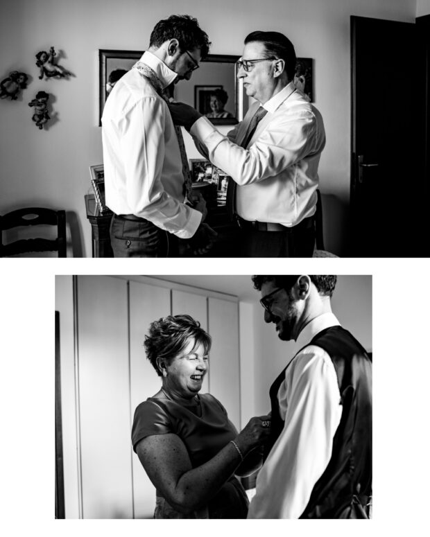 Preparazione sposa di Giulio con papà e mamma che lo aiutano