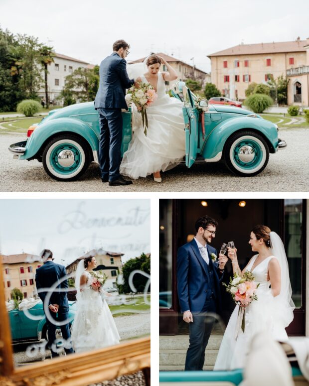 Arrivo in location degli sposi con il loro Maggiolino turchese