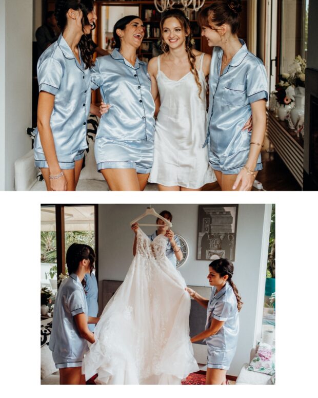 Sposa circondata dalle damigelle durante i preparativi