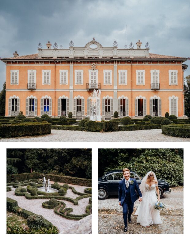 Vista Villa Subaglio con giardini e arrivo degli sposi